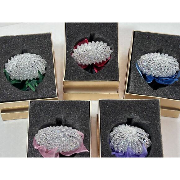 Set 5 Handblown Spun Iridescent Glass Heart Ornament w Ribbon Bows 3" Holiday - Picture 4 of 10